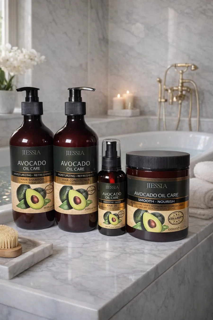 Setul JIESSIA Avocado Oil Care: șampon, conditioner, ulei și mască de păr
